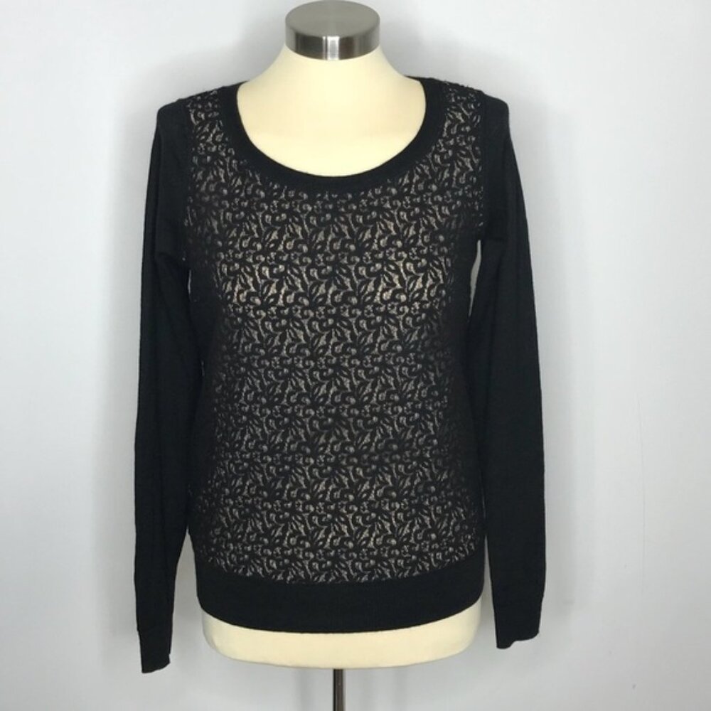 Loft Black and Cream Lace Front Sweater